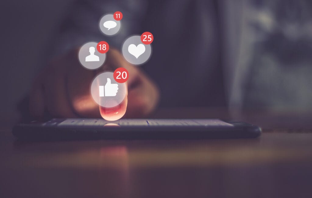 Social media icons showing numbers of likes, hearts, friends and comments